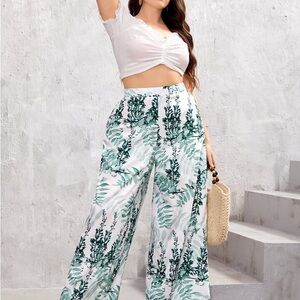 Floral Green Wide-Leg Pants